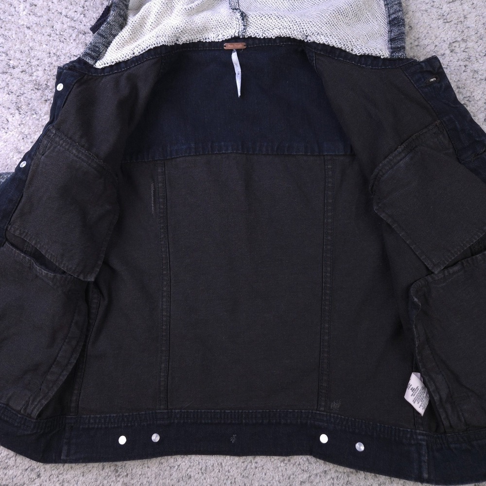 Free People Denim Jacket Womens XS Hoodie Vest Black Gray Biker Moto Button Up - Picture 3 of 12